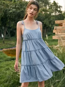 Đầm Thắt nút Chấm bi Boho - Màu xanh bụi bặm - Xem 1