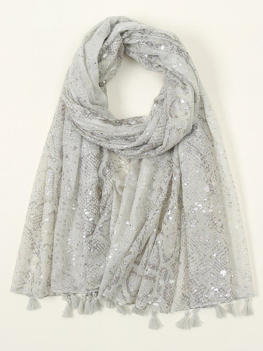 1pc Fashionable Snake Skin & Floral Print Fringe Scarf Boho - Grey - View 1