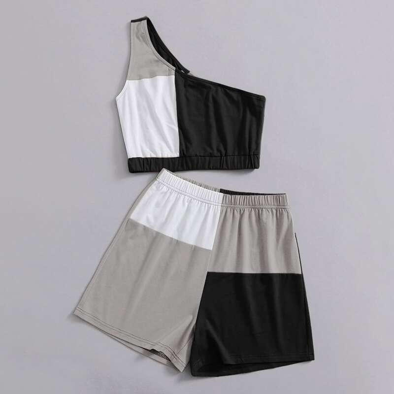

Colorblock One Shoulder Crop Top & Shorts, Multicolor
