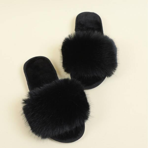 

Open Toe Fluffy Slippers, Black