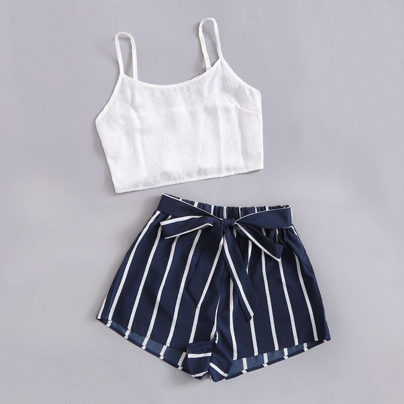 

Solid Crop Cami & Striped Belted Shorts, Blue and white