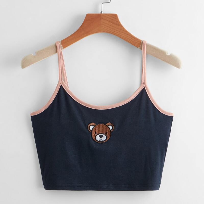 

Cartoon Bear Embroidery Ringer Crop Cami, Navy blue