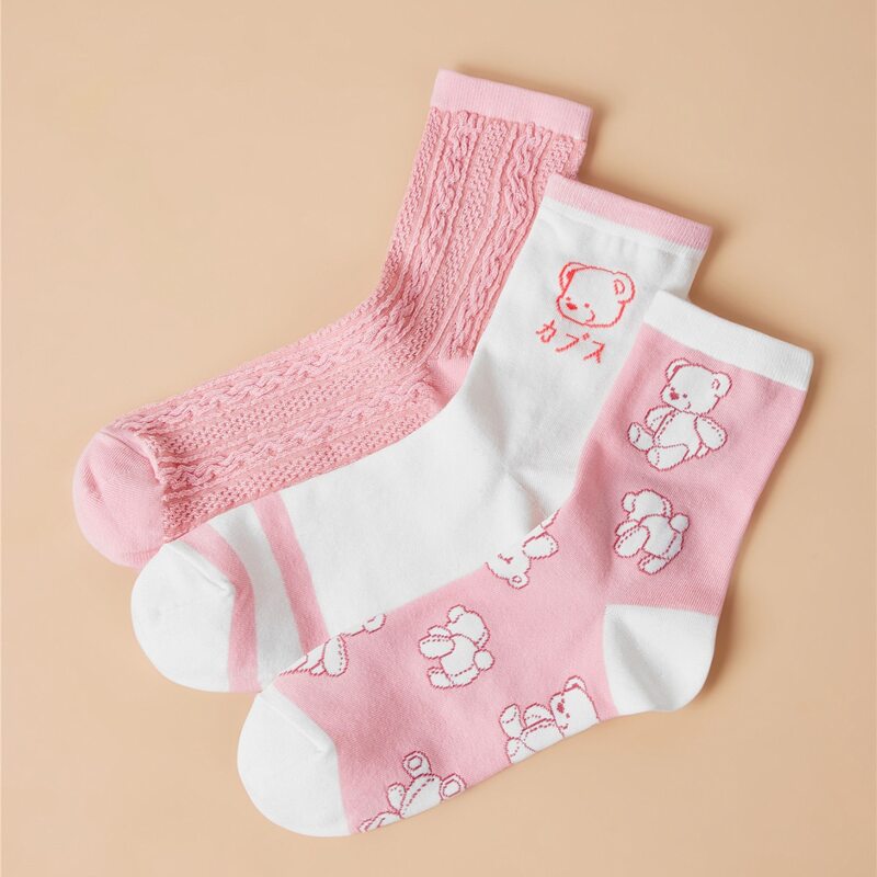 

3pairs Cartoon Bear Crew Socks, Multicolor