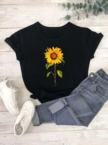 SHEIN LUNE Plus Sunflower And Slogan Graphic Tee - Black - View 1