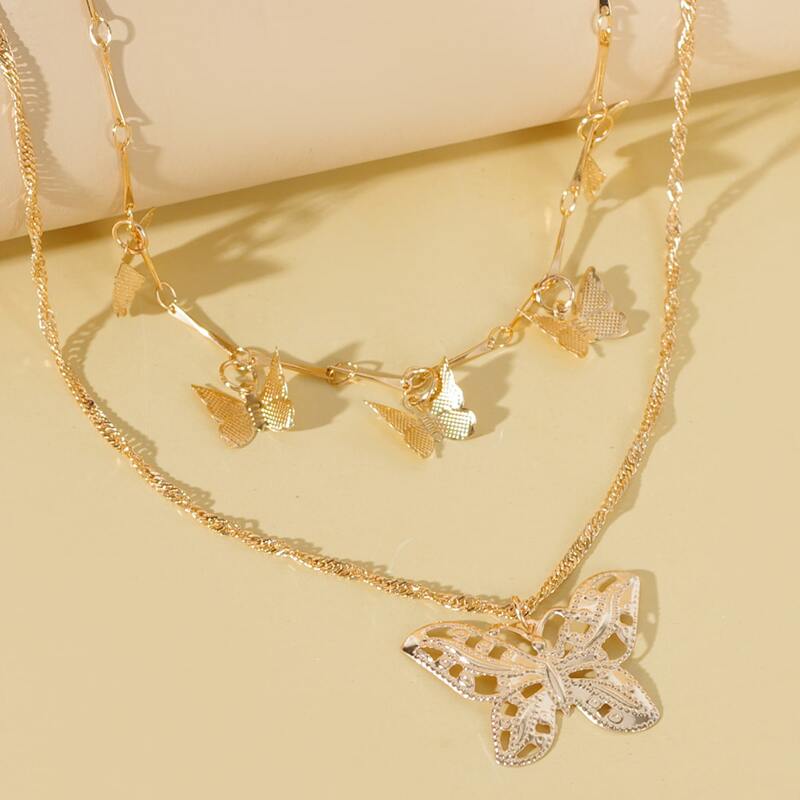 Butterfly Double Layered Necklace, Gold