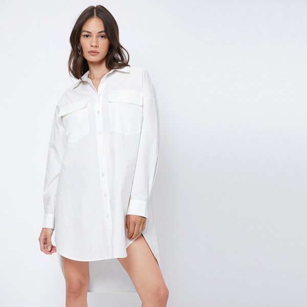 

Drop Shoulder Solid Shirt Dress, White