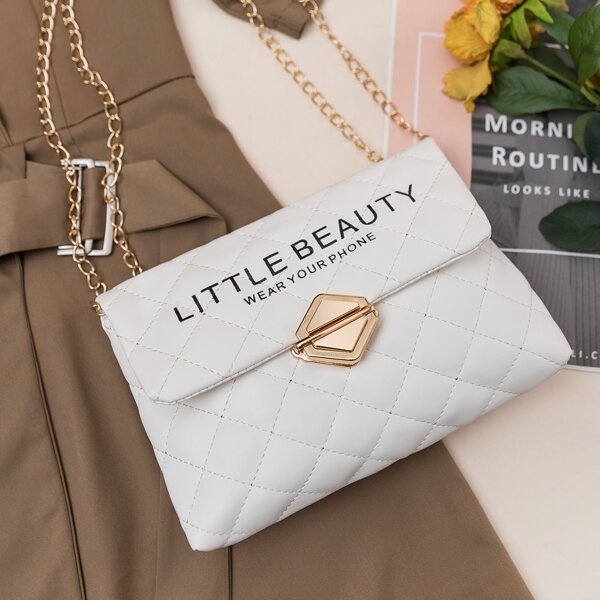 

Letter Graphic Quilted Chain Bag, White
