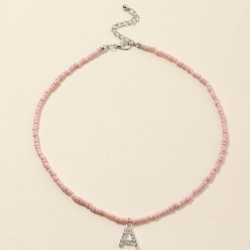 

Rhinestone Letter Beaded Necklace, Pink