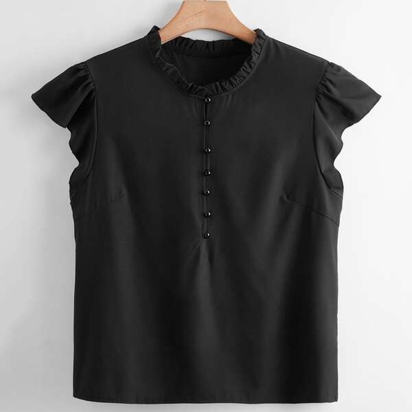 

Plus Solid Frill Neck Ruffle Blouse, Black