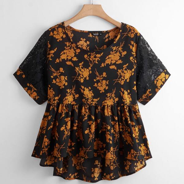 

Plus Floral Print Contrast Lace Babydoll Blouse, Black
