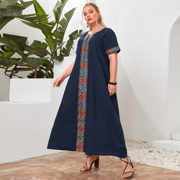 

лента графический принт Бохо Платья размер плюс, Темно-синий