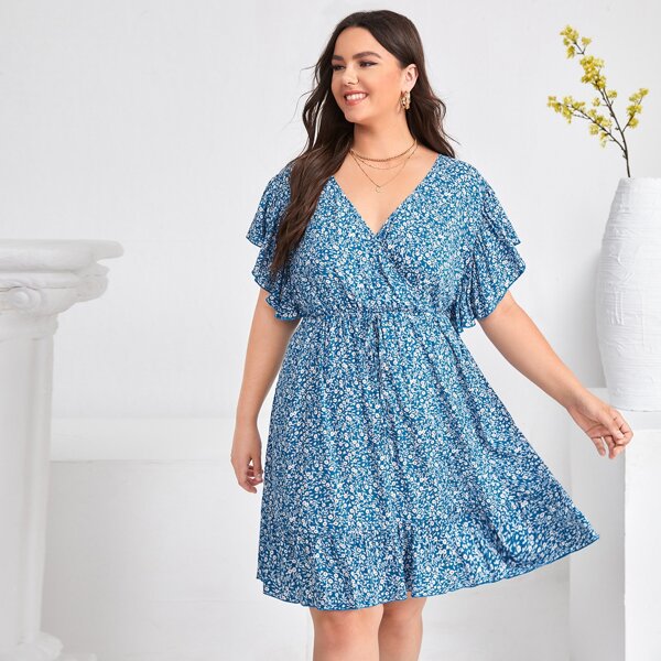

Plus Ruffle Trim Ditsy Floral Dress, Blue