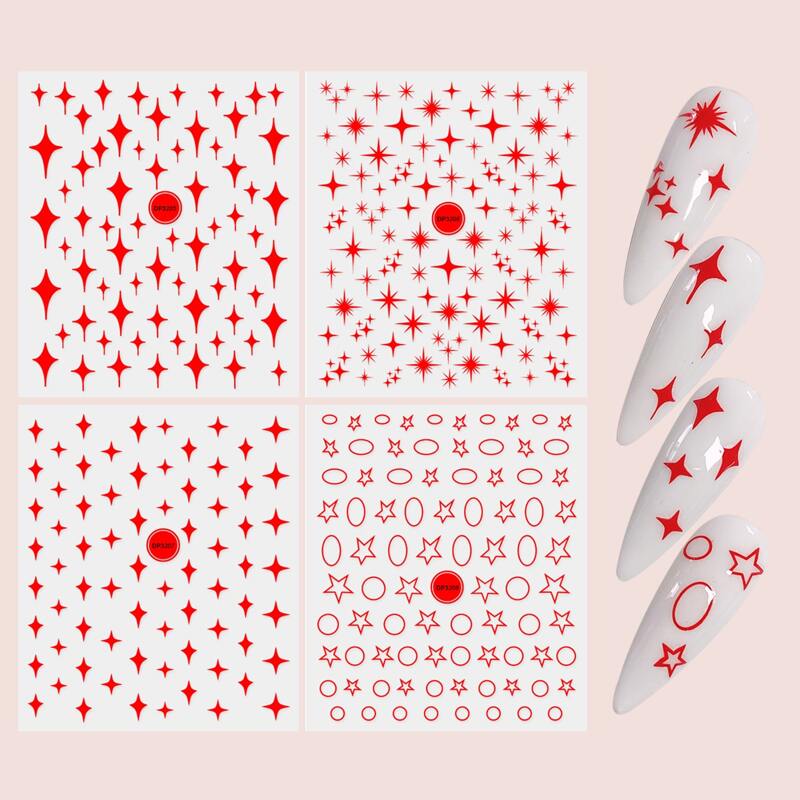 

4sheets Star Pattern Nail Art Sticker, Red