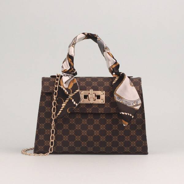 

Twilly Scarf Decor Geometric Graphic Satchel Bag, Brown