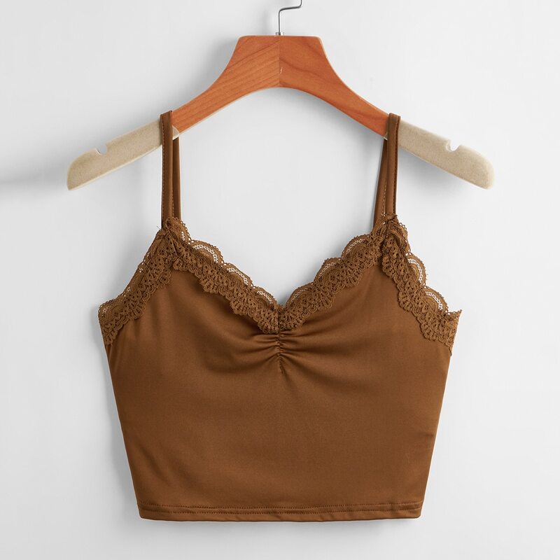 

Lace Trim Ruched Crop Cami, Coffee brown