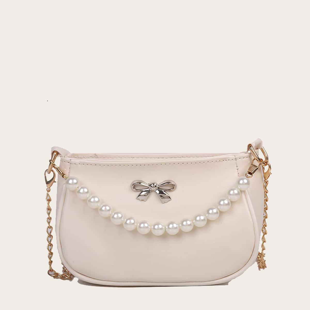 

Faux Pearl Handle Bow Satchel Bag, Beige