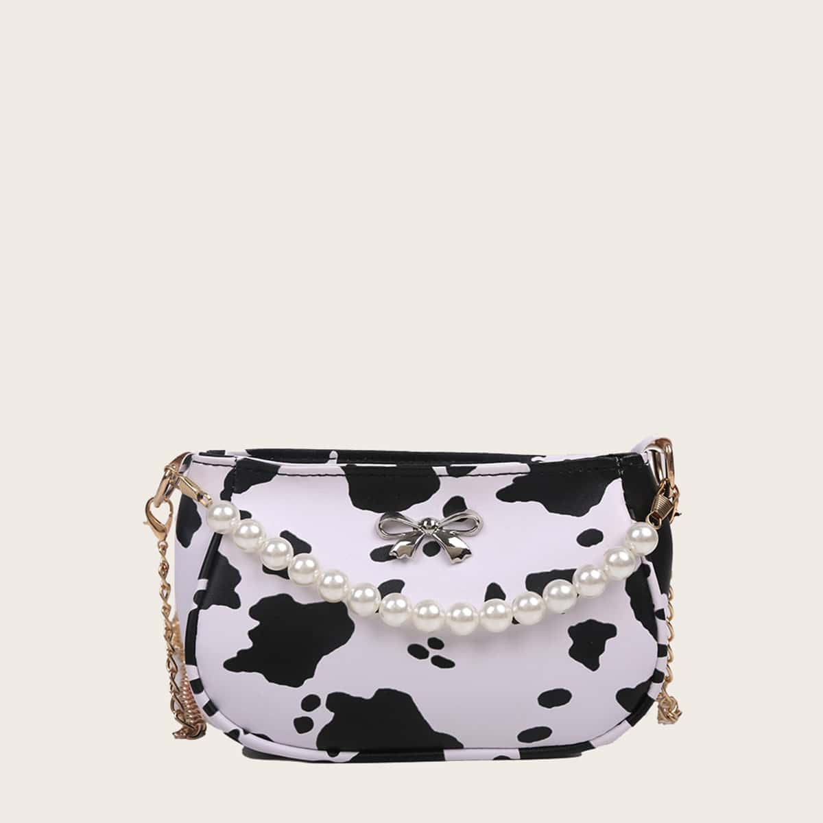 

Faux Pearl Handle Cow Print Satchel Bag, Black and white