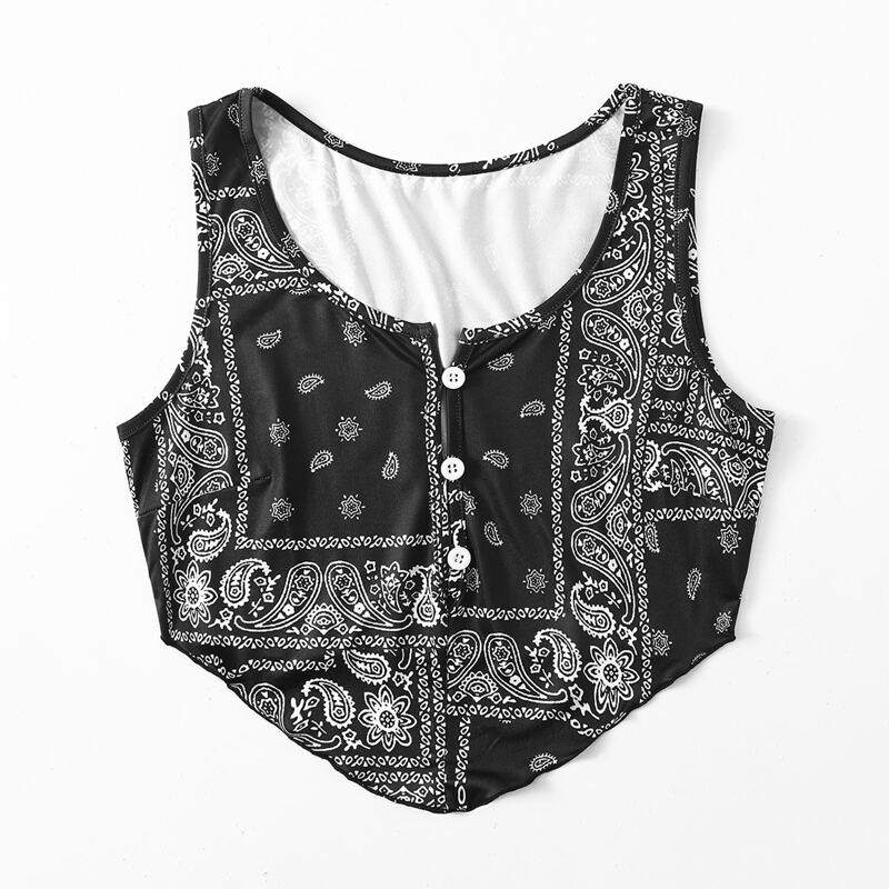 

Paisley Button Tank Top, Black