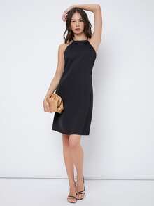 SHEIN Solid Halter Dress - Black - View 3