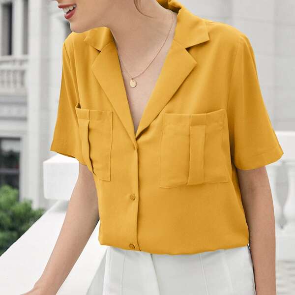 

Pocket Patched Buttoned Blouse, Mustard yellow