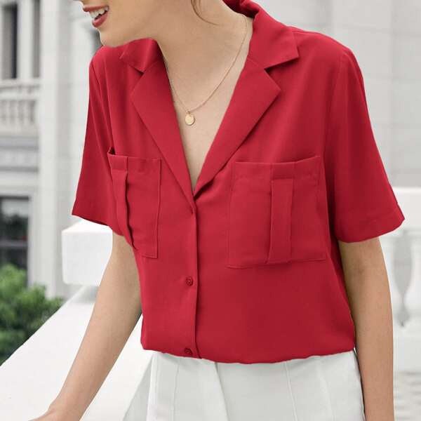 

Pocket Patched Buttoned Blouse, Red