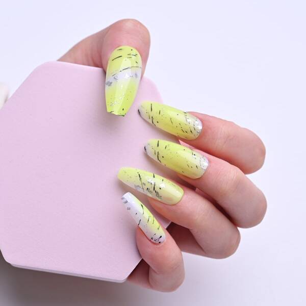 

24pcs Fake Nail & 1sheet Tape & 1pc Nail File, Yellow
