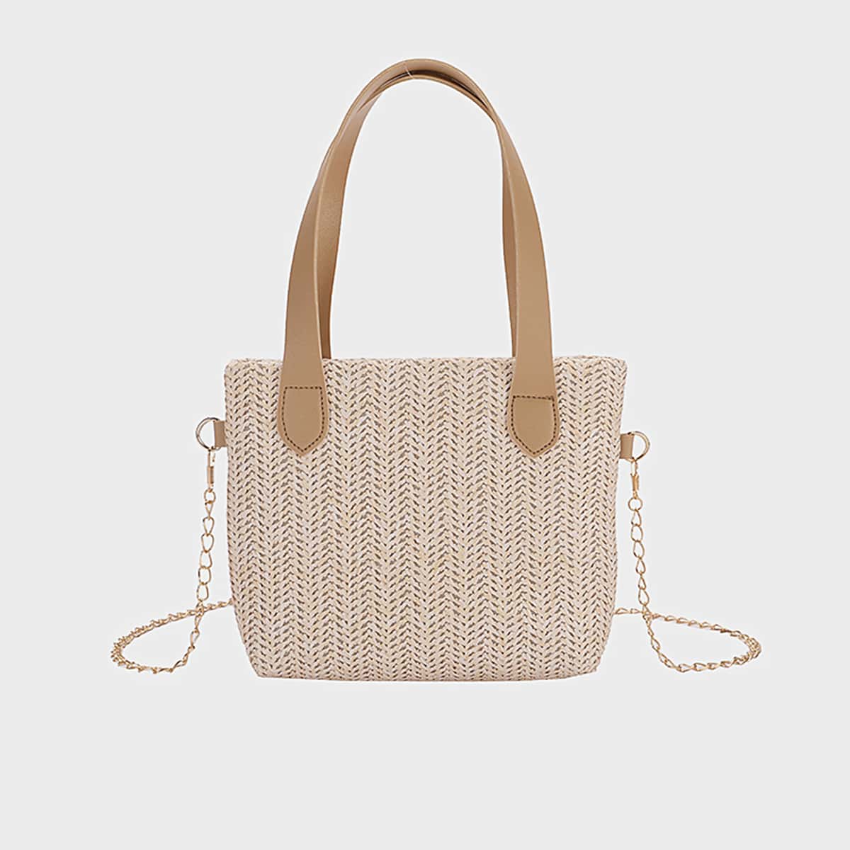 

Straw Chain Satchel Bag, Beige