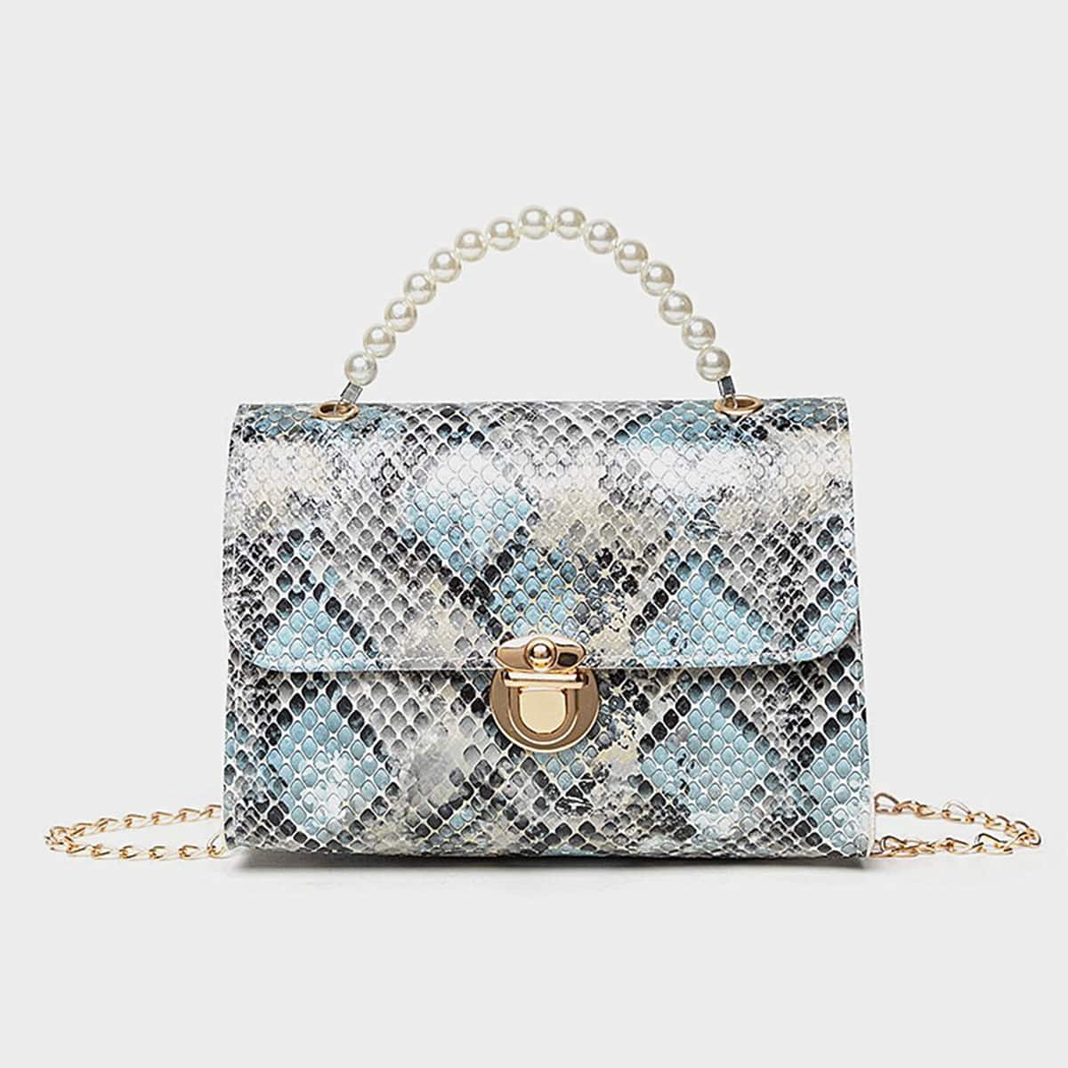 

Snakeskin Chain Satchel Bag, Multicolor