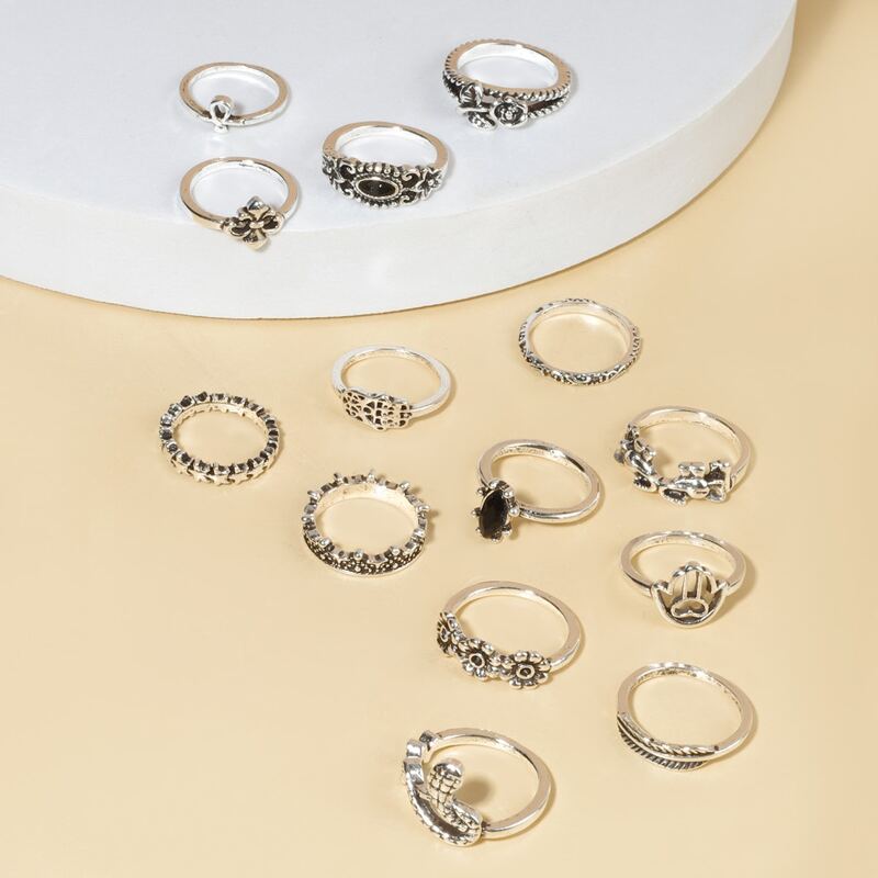 

14pcs Floral Decor Ring, Antique silver