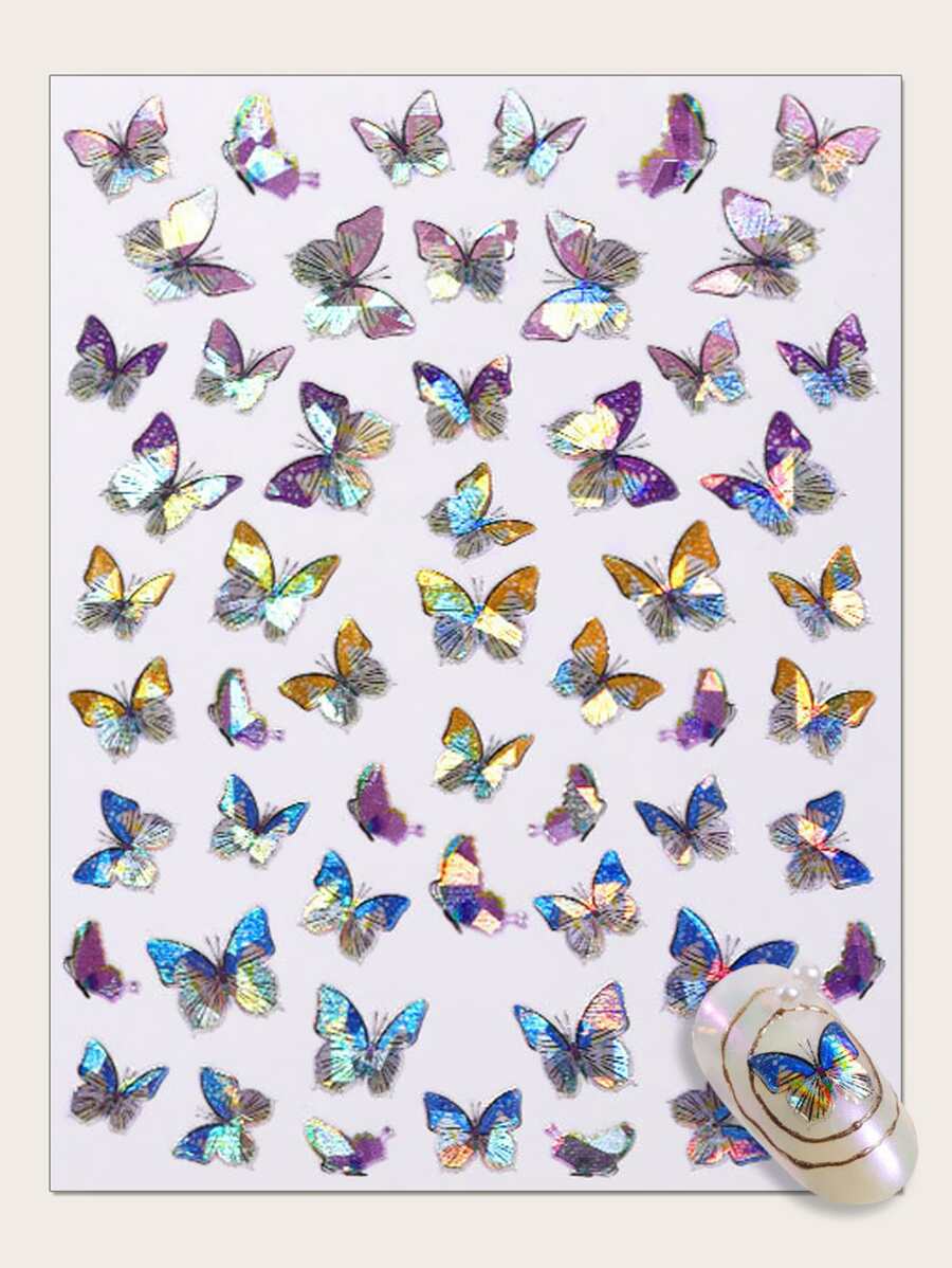 1 hoja pegatina de arte de uña con patrón de mariposa láser - Multicolor - Ver 1