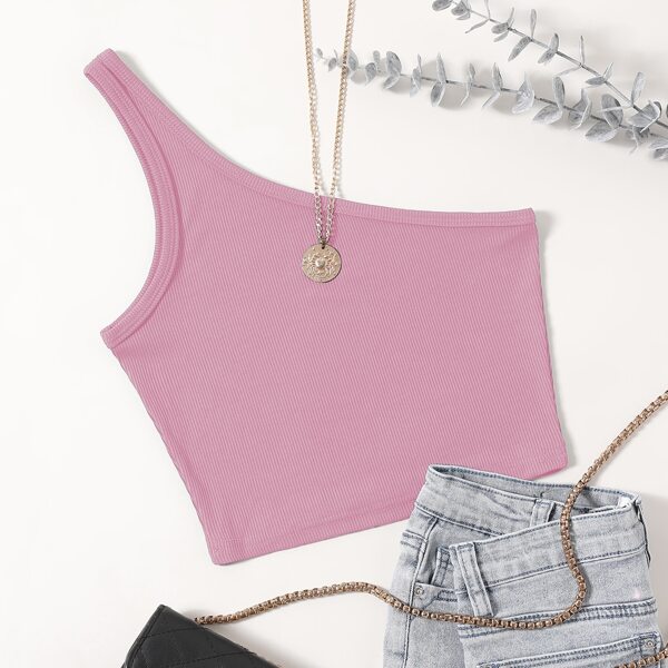 

One Shoulder Rib-knit Crop Top, Pink