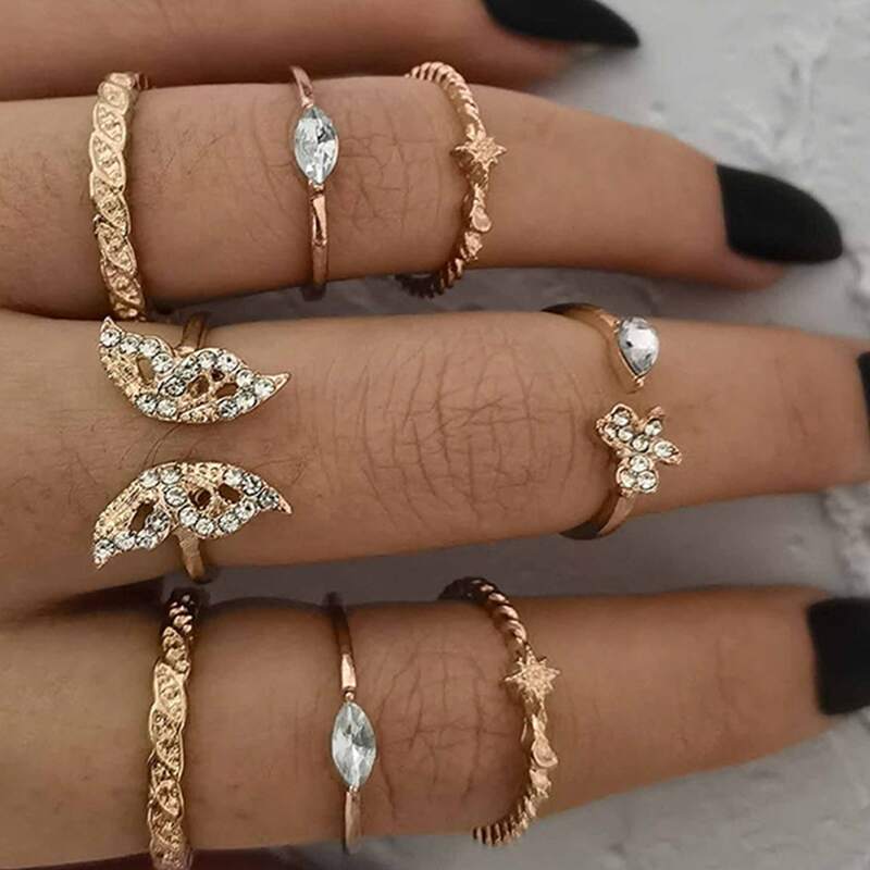 

8pcs Rhinestone Decor Ring, Gold
