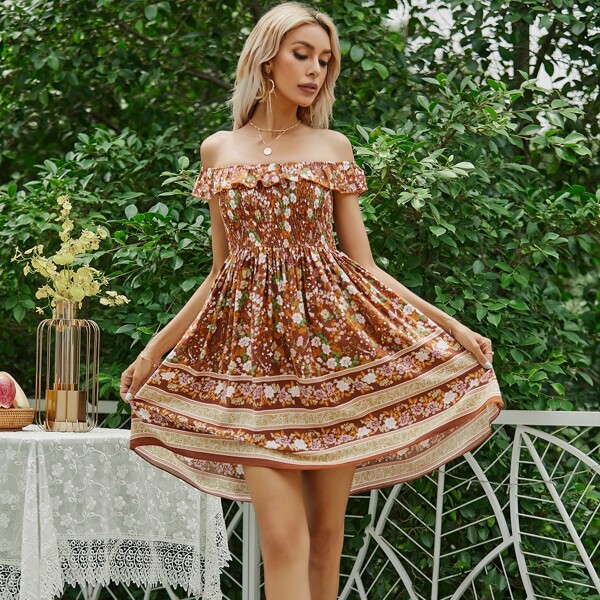 

Ruffle Off Shoulder Shirred Bodice Floral Dress, Multicolor