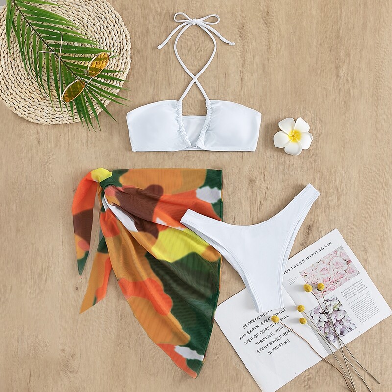 

3pack Cross Halter Bikini Swimsuit With Beach Skirt, Multicolor