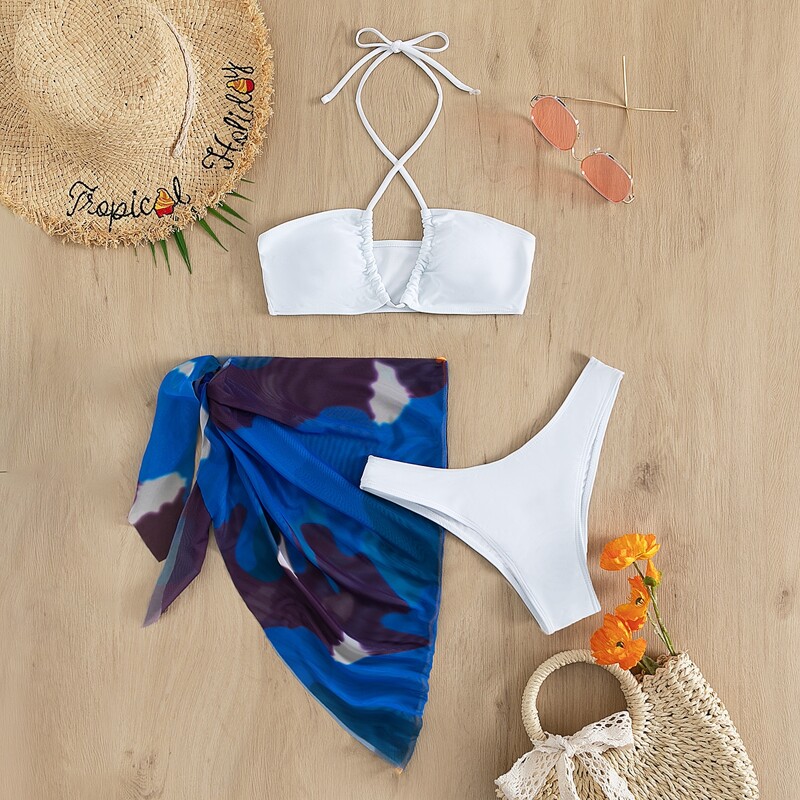 

3pack Halter Bikini Swimsuit & Beach Skirt, Multicolor