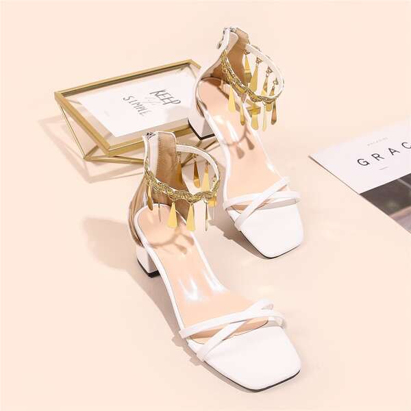 

Metal Decor Ankle Strap Sandals, White