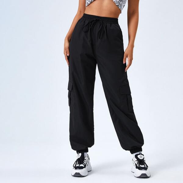 

Tie Waist Flap Pocket Cargo Pants, Black