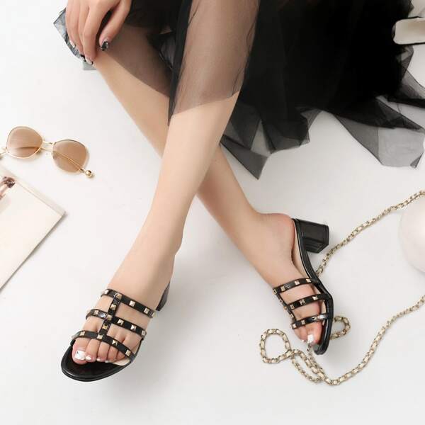 

Studded Decor Chunky Heeled Mules, Black