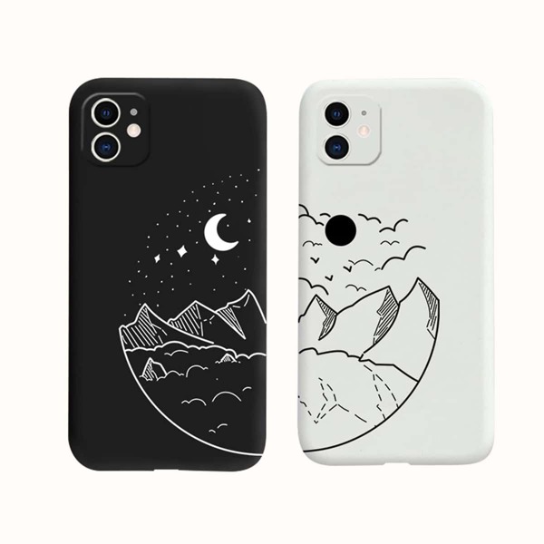 

2pc Mountain & Sun Moon Print Phone Case, Black and white