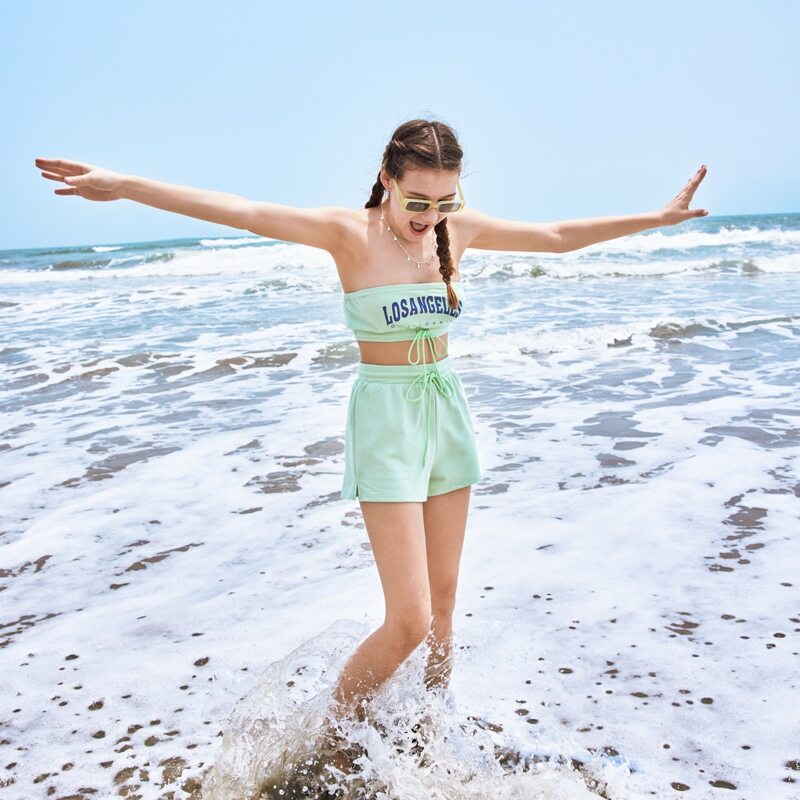 

Letter Graphic Tube Top & Drawstring Waist Shorts, Mint green
