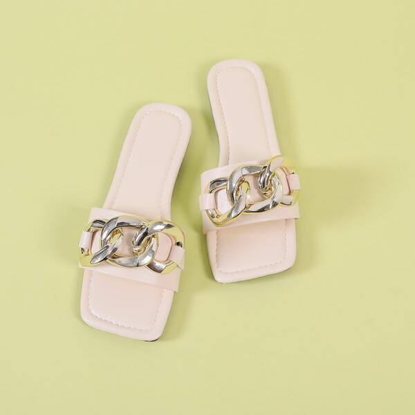 

Chain Decor Slide Sandals, Beige