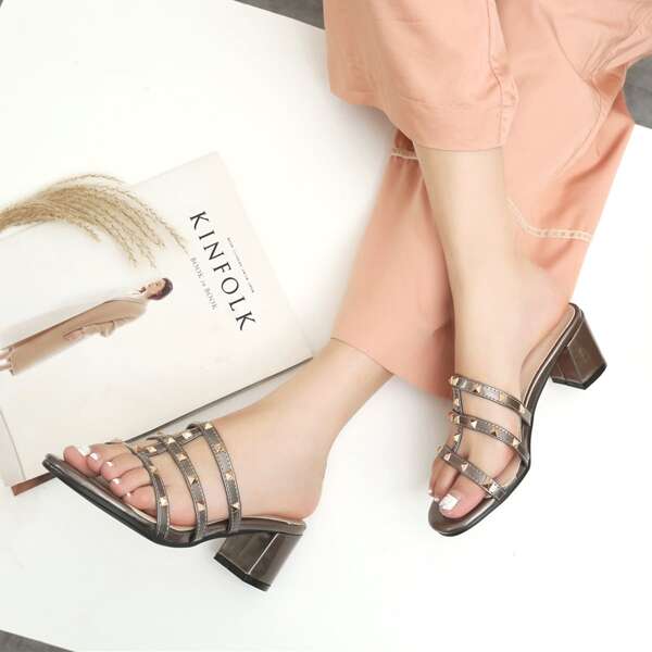 

Studded Decor Chunky Heeled Mules, Bronze