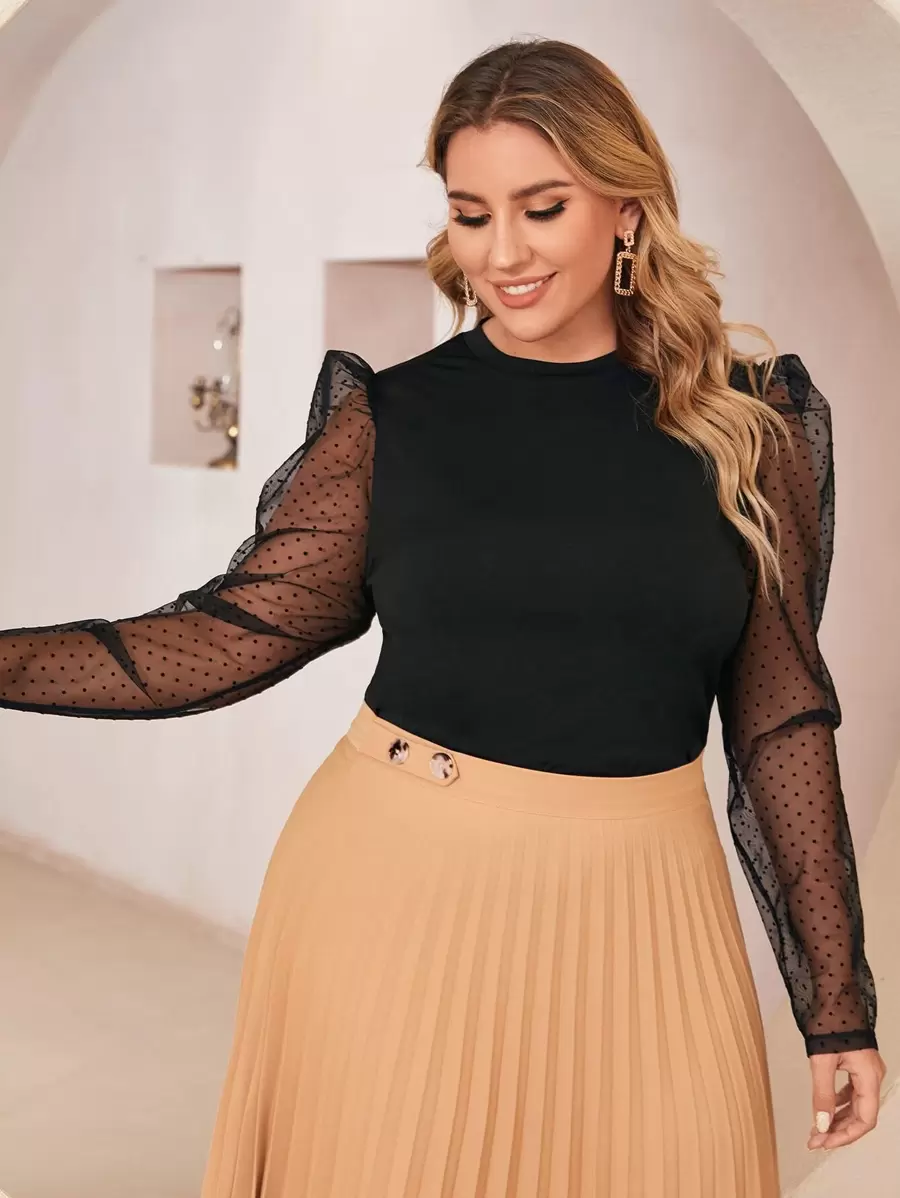 SHEIN Privé Plus Dobby Mesh Gigot Sleeve Top - Black - View 1