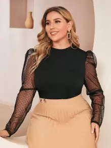 SHEIN Privé Plus Dobby Mesh Gigot Sleeve Top - Black - View 5