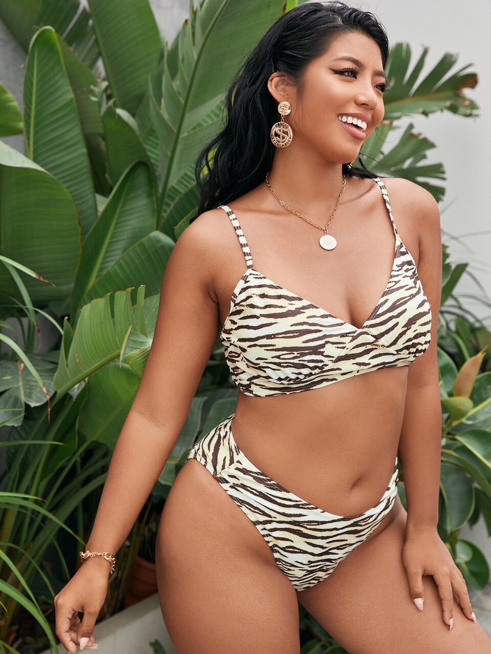 Plus Size 3packs Tiger Stripe Bikini Set & Cover Up Summer Beach