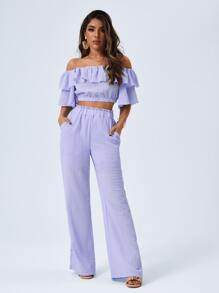 Firerie Off Shoulder Crop Top & Paperbag Waist Trousers Set - Violet Purple - View 1