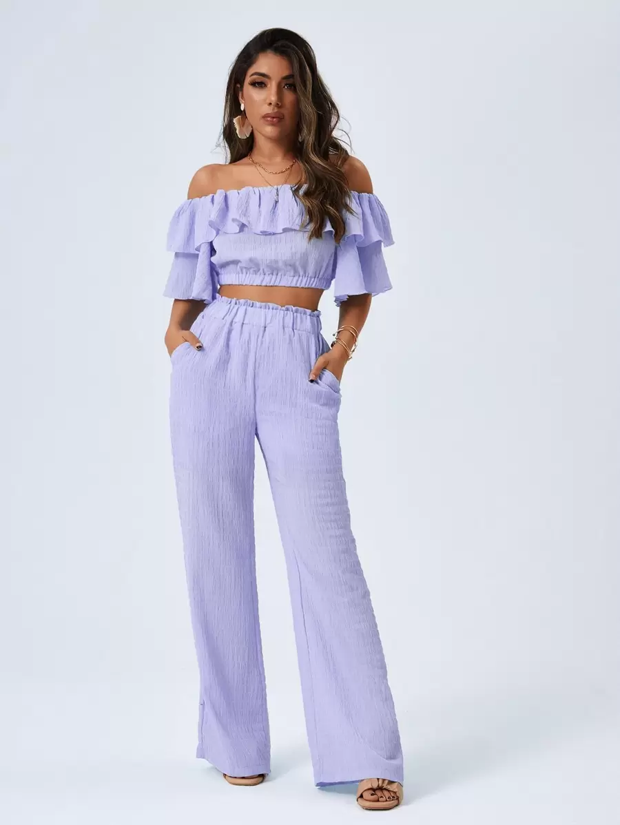 Firerie Off Shoulder Crop Top & Paperbag Waist Trousers Set - Violet Purple - View 1