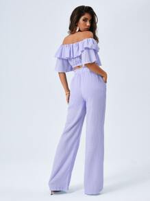Firerie Off Shoulder Crop Top & Paperbag Waist Trousers Set - Violet Purple - View 2