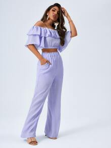 Firerie Off Shoulder Crop Top & Paperbag Waist Trousers Set - Violet Purple - View 3