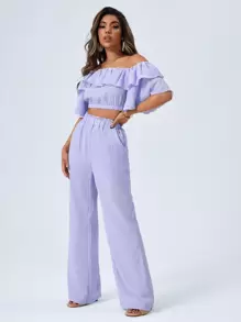 Firerie Off Shoulder Crop Top & Paperbag Waist Trousers Set - Violet Purple - View 4